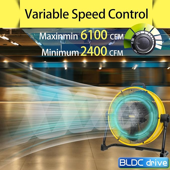 20 inch DC Motor Drum Fan, 6100 CFM High-velocity Air Circulator with 360-degree Pivoting Head 3-speed 1/12 HP Motor Large
