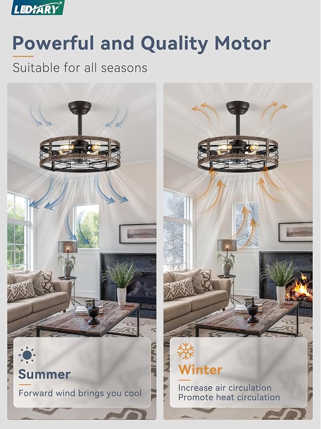 20 Inch Fandelier Caged Ceiling Fan with Light, Bladeless Ceiling Fan with Remote, Small Farmhouse Fan Lights Ceiling