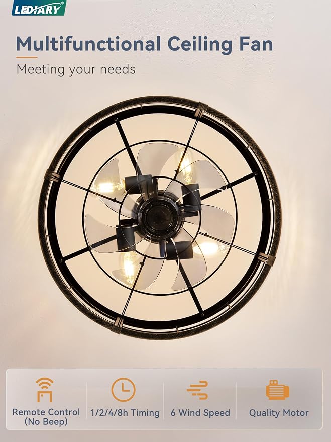 20 Inch Fandelier Caged Ceiling Fan with Light, Bladeless Ceiling Fan with Remote, Small Farmhouse Fan Lights Ceiling