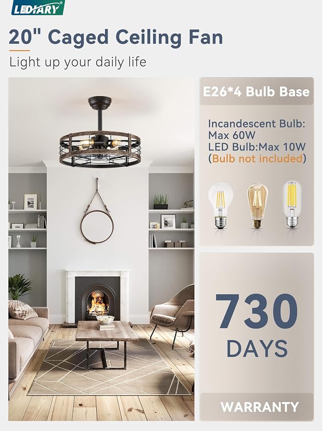 20 Inch Fandelier Caged Ceiling Fan with Light, Bladeless Ceiling Fan with Remote, Small Farmhouse Fan Lights Ceiling