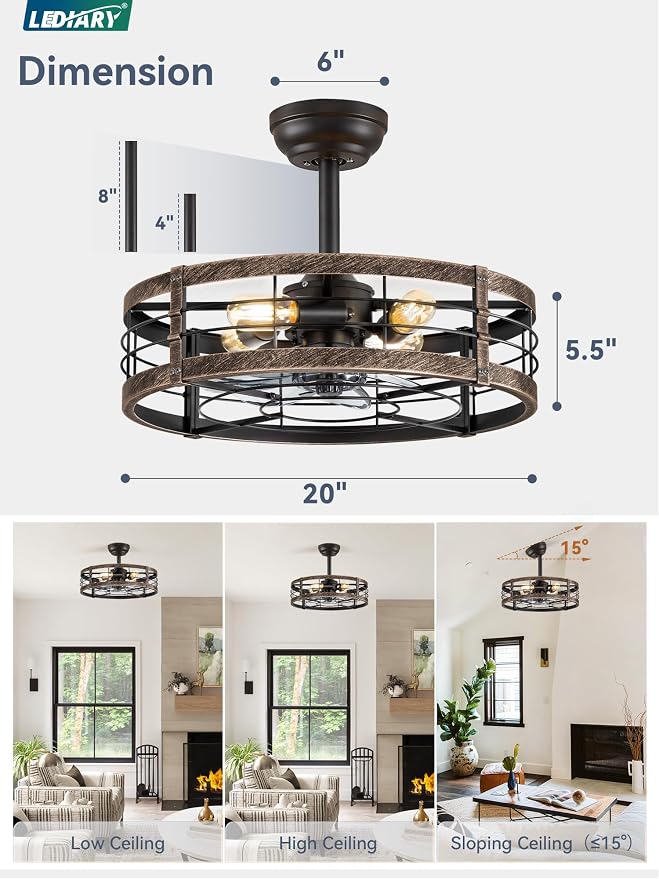 20 Inch Fandelier Caged Ceiling Fan with Light, Bladeless Ceiling Fan with Remote, Small Farmhouse Fan Lights Ceiling