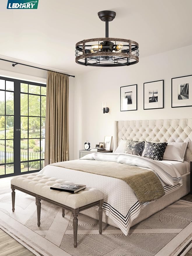 20 Inch Fandelier Caged Ceiling Fan with Light, Bladeless Ceiling Fan with Remote, Small Farmhouse Fan Lights Ceiling