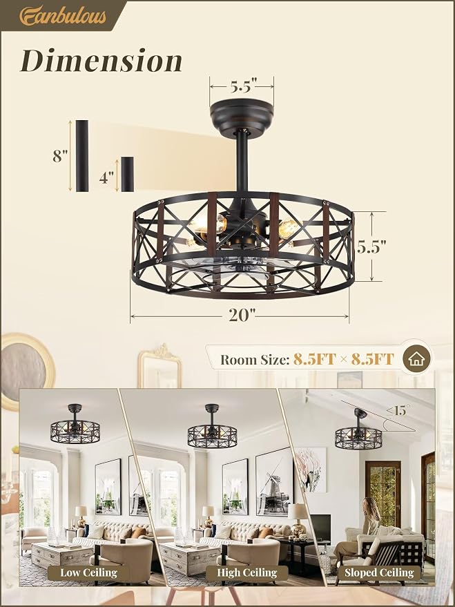 20 Inch Fandelier Caged Ceiling Fans with Lights and Remote, Black Bladeless Ceiling Fan with 6 Speeds and, alternate view 5