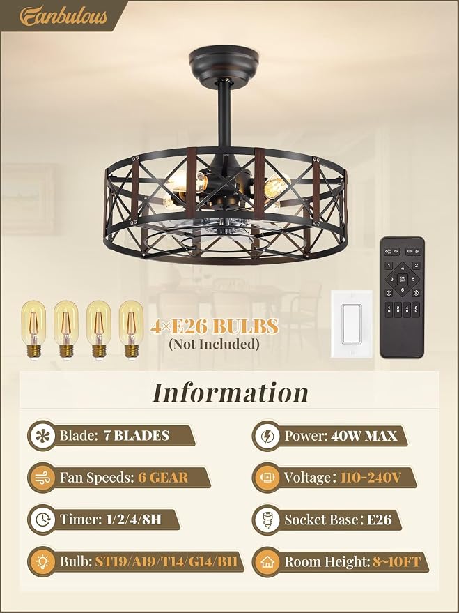 20 Inch Fandelier Caged Ceiling Fans with Lights and Remote, Black Bladeless Ceiling Fan with 6 Speeds and, alternate view 6