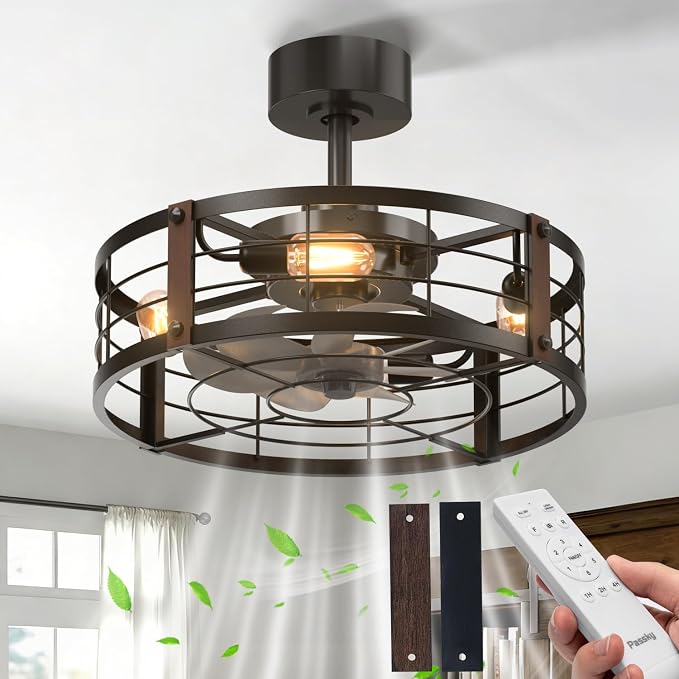 20 Inch Farmhouse Caged Ceiling Fans with Lights and Remote, Black Downrod Mount Bladeless Fandelier, 6 Speeds Bladeless