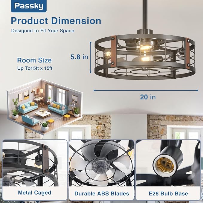 20 Inch Farmhouse Caged Ceiling Fans with Lights and Remote, Black Downrod Mount Bladeless Fandelier, 6 Speeds Bladeless