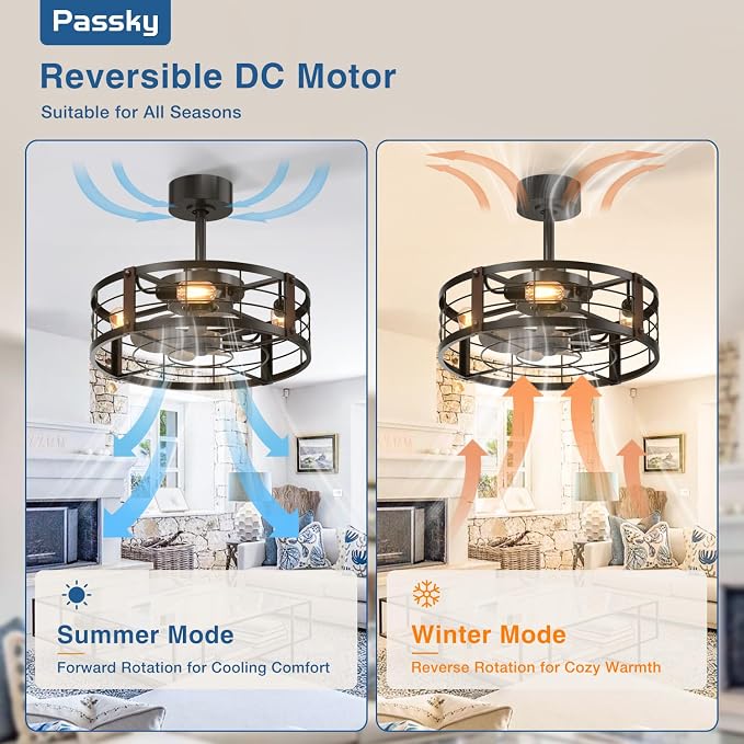 20 Inch Farmhouse Caged Ceiling Fans with Lights and Remote, Black Downrod Mount Bladeless Fandelier, 6 Speeds Bladeless