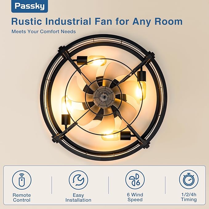 20 Inch Farmhouse Caged Ceiling Fans with Lights and Remote, Black Downrod Mount Bladeless Fandelier, 6 Speeds Bladeless