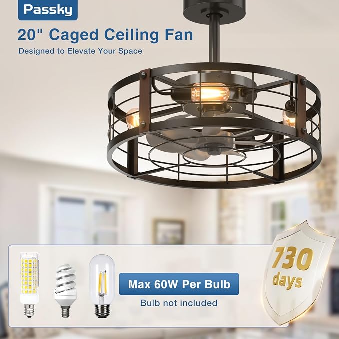 20 Inch Farmhouse Caged Ceiling Fans with Lights and Remote, Black Downrod Mount Bladeless Fandelier, 6 Speeds Bladeless
