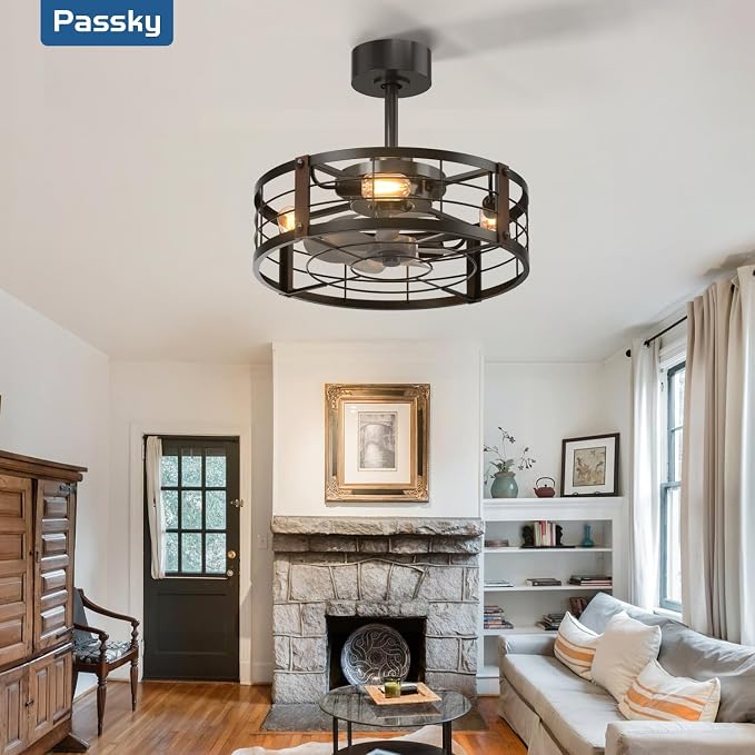 20 Inch Farmhouse Caged Ceiling Fans with Lights and Remote, Black Downrod Mount Bladeless Fandelier, 6 Speeds Bladeless