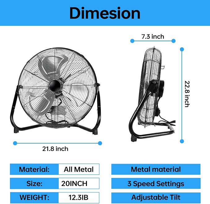 20 Inch Floor Fan,Heavy Duty Metal Industrial Fan - High Velocity Fan with 3 Speeds & Tilt, Powerful Metal Fan for Shop