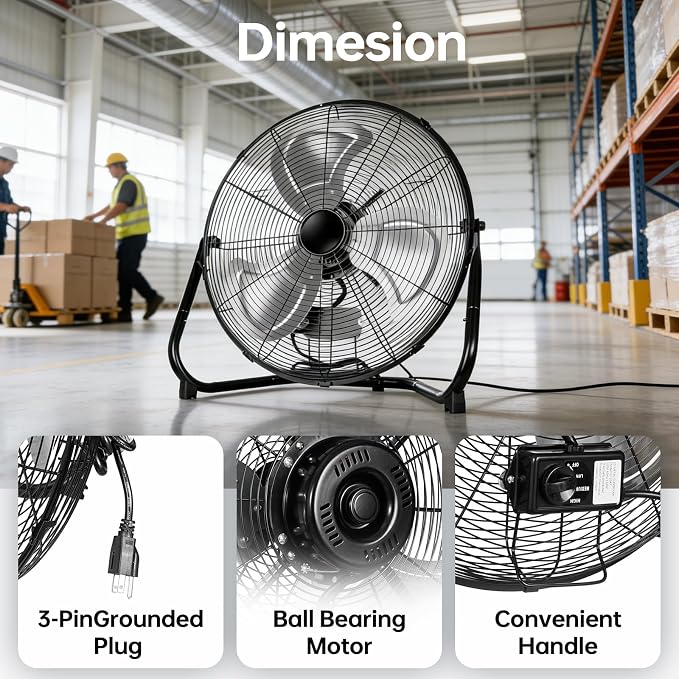20 Inch Floor Fan,Heavy Duty Metal Industrial Fan - High Velocity Fan with 3 Speeds & Tilt, Powerful Metal Fan for Shop