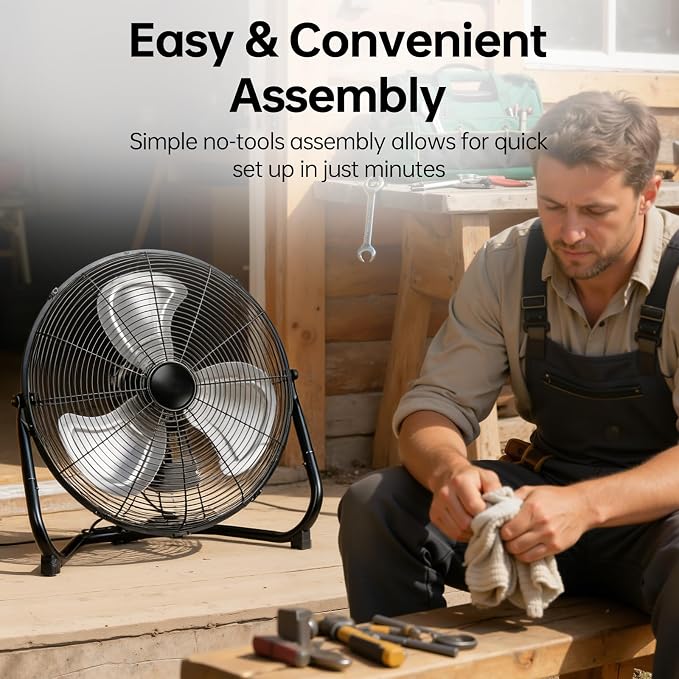 20 Inch Floor Fan,Heavy Duty Metal Industrial Fan - High Velocity Fan with 3 Speeds & Tilt, Powerful Metal Fan for Shop