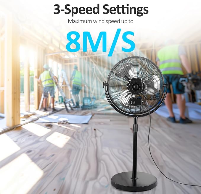 20 Inch Heavy Duty High Velocity Pedestal Fan,Industrial Standing Fan with Adjustable Height and Tilt,3-Speed,Metal Fan for