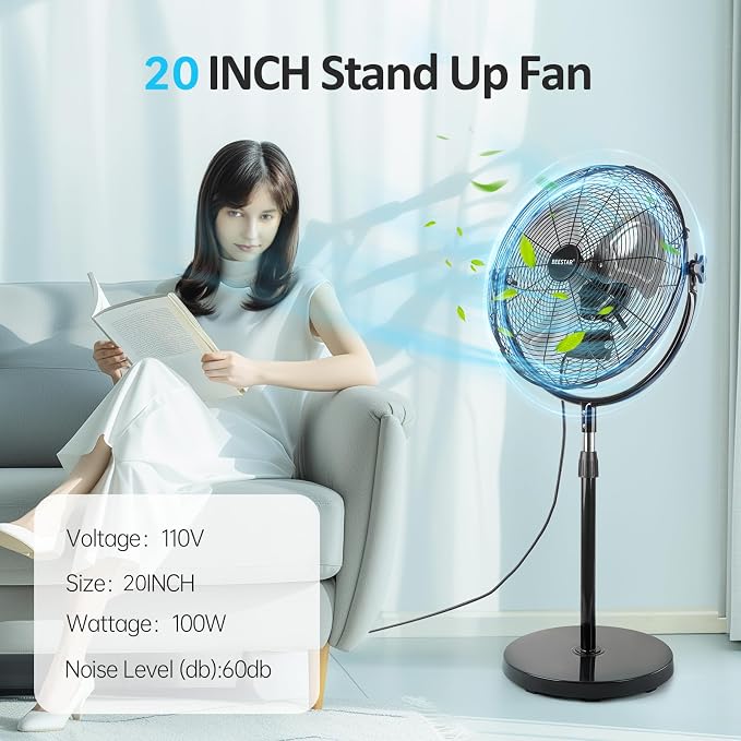 20 Inch Heavy Duty High Velocity Pedestal Fan,Industrial Standing Fan with Adjustable Height and Tilt,3-Speed,Metal Fan for