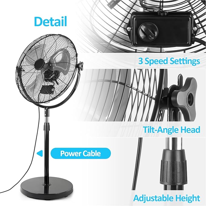 20 Inch Heavy Duty High Velocity Pedestal Fan,Industrial Standing Fan with Adjustable Height and Tilt,3-Speed,Metal Fan for