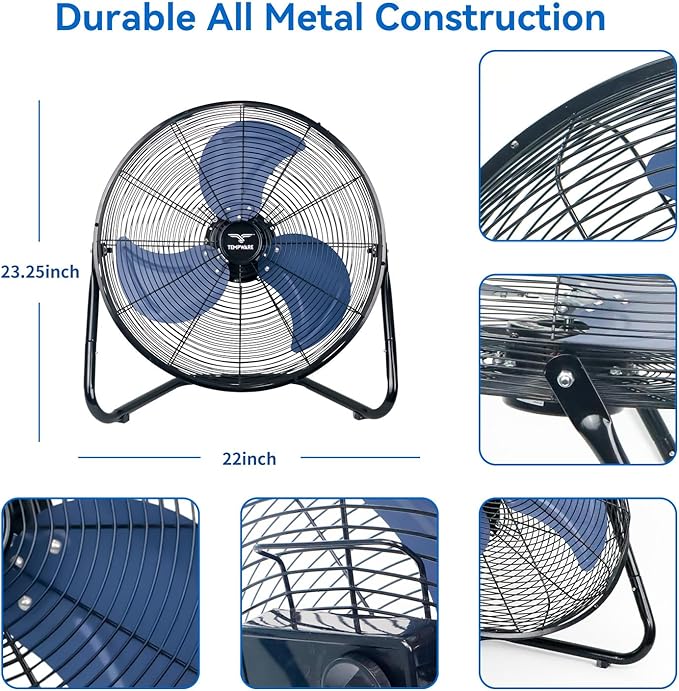20 Inch High Velocity Industrial Floor Fan, 3-Speed Heavy Duty Metal Cradle Floor Fans with 360° Tilt for Warehouse