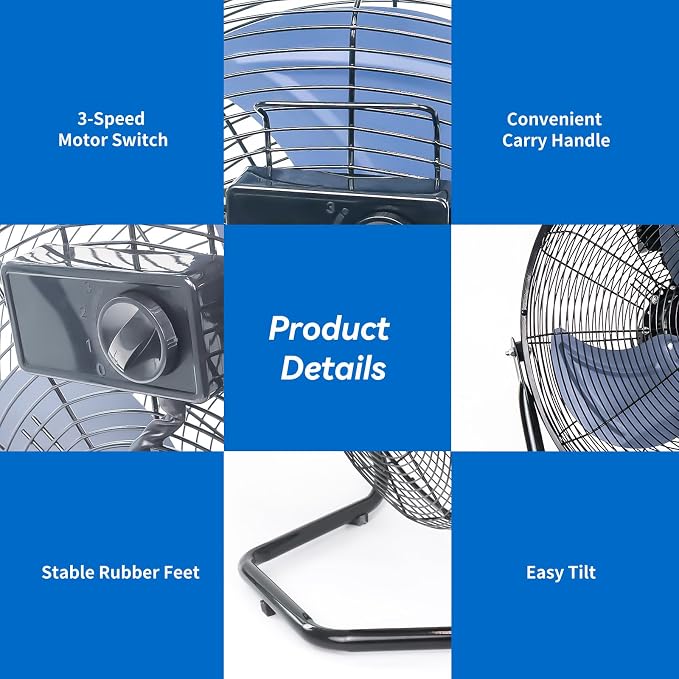 20 Inch High Velocity Industrial Floor Fan, 3-Speed Heavy Duty Metal Cradle Floor Fans with 360° Tilt for Warehouse