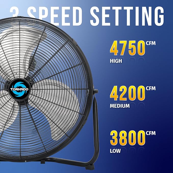 20 Inch High Velocity Metal Floor Fan, 3-Speed Powerful Cooling for Industrial, Commercial, and Home Spaces, 120°Tilt, 6.0 FT