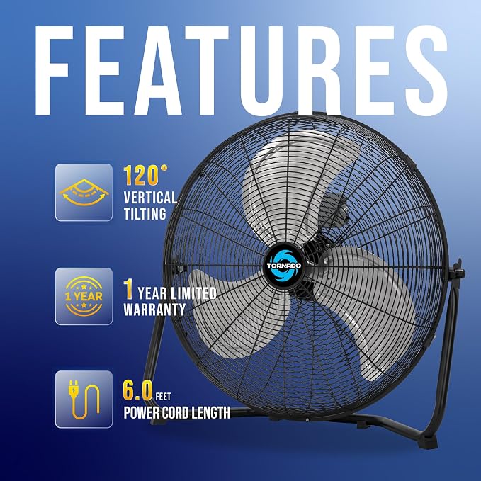 20 Inch High Velocity Metal Floor Fan, 3-Speed Powerful Cooling for Industrial, Commercial, and Home Spaces, 120°Tilt, 6.0 FT