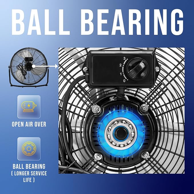 20 Inch High Velocity Metal Floor Fan, 3-Speed Powerful Cooling for Industrial, Commercial, and Home Spaces, 120°Tilt, 6.0 FT