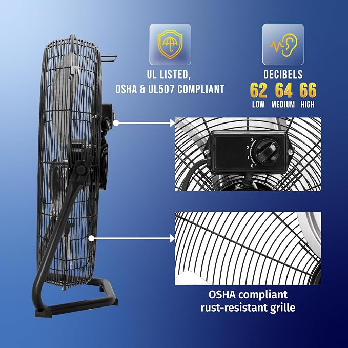 20 Inch High Velocity Metal Floor Fan, 3-Speed Powerful Cooling for Industrial, Commercial, and Home Spaces, 120°Tilt, 6.0 FT