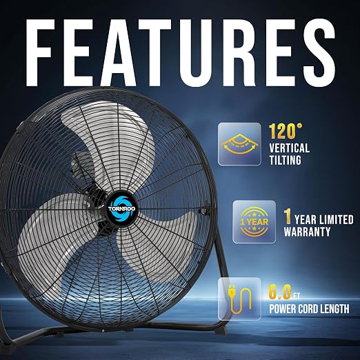 20 Inch High Velocity Metal Floor Fan, 3-Speed Powerful Cooling, 120° Adjustable Tilt, 6.0 FT Cord, UL Safety Listed for