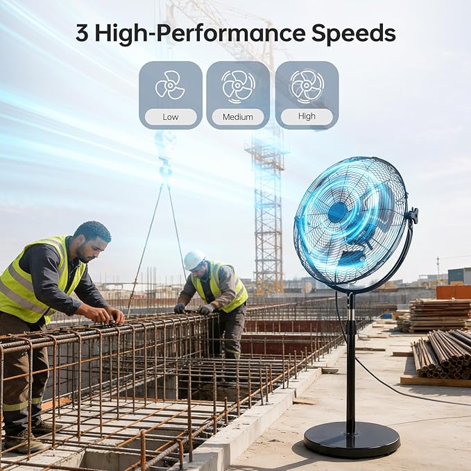 20 Inch High Velocity Pedestal Fan, Heavy Duty Industrial Standing Fan with 3-Speed & Adjustable Height (47.1"-55.1"), Metal