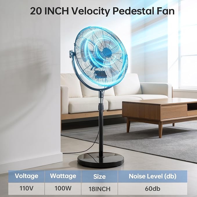 20 Inch High Velocity Pedestal Fan, Heavy Duty Industrial Standing Fan with 3-Speed & Adjustable Height (47.1"-55.1"), Metal
