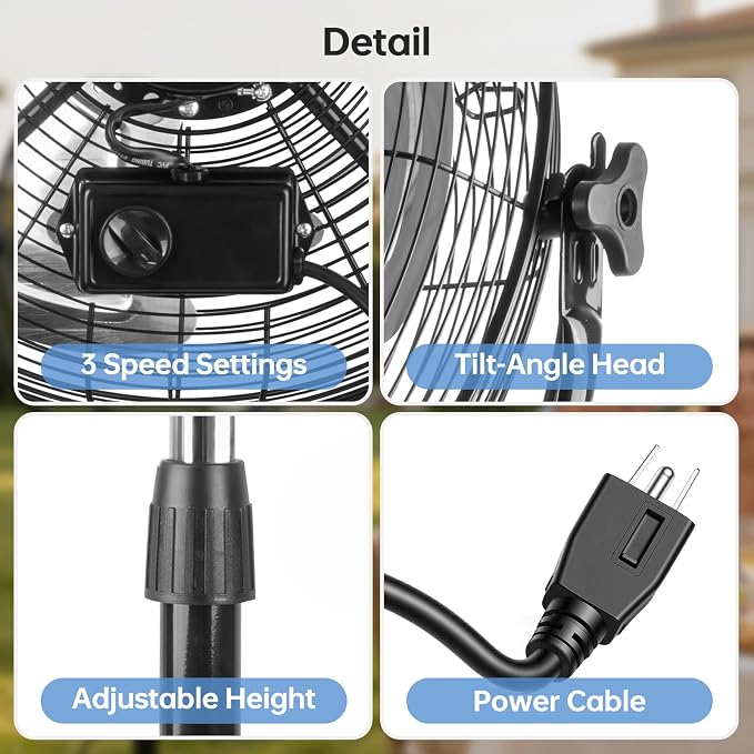 20 Inch High Velocity Pedestal Fan, Heavy Duty Industrial Standing Fan with 3-Speed & Adjustable Height (47.1"-55.1"), Metal