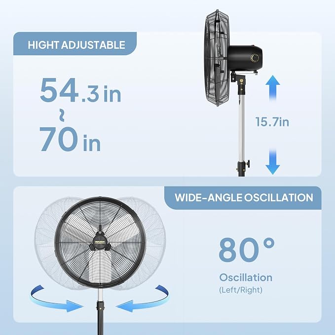 20 Inch Industrial Pedestal Fan,5000CFM High Velocity and Heavy Duty Standing Fan, Metal fan W/One-touch Oscillating
