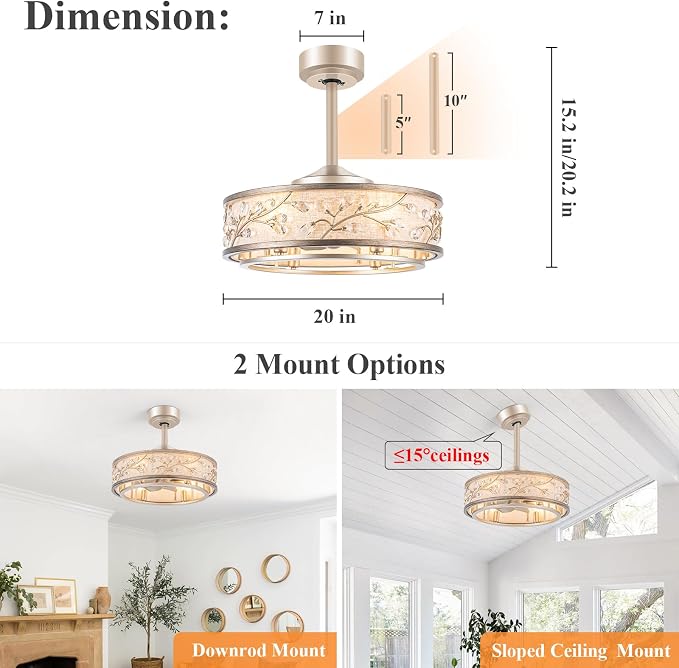 20 Inch Low Profile Caged Fandelier Ceiling Fan with Lights – Farmhouse Style, DC Motor Fixes Flickering, alternate view 6