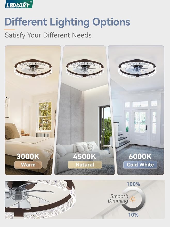 20 Inch Low Profile Ceiling Fans with Lights and Remote, Fandelier Ceiling Fan Flush Mount, 3000K-6000K Dimmable, alternate