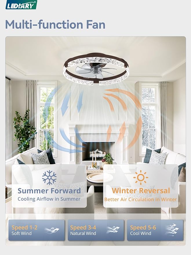 20 Inch Low Profile Ceiling Fans with Lights and Remote, Fandelier Ceiling Fan Flush Mount, 3000K-6000K Dimmable, alternate