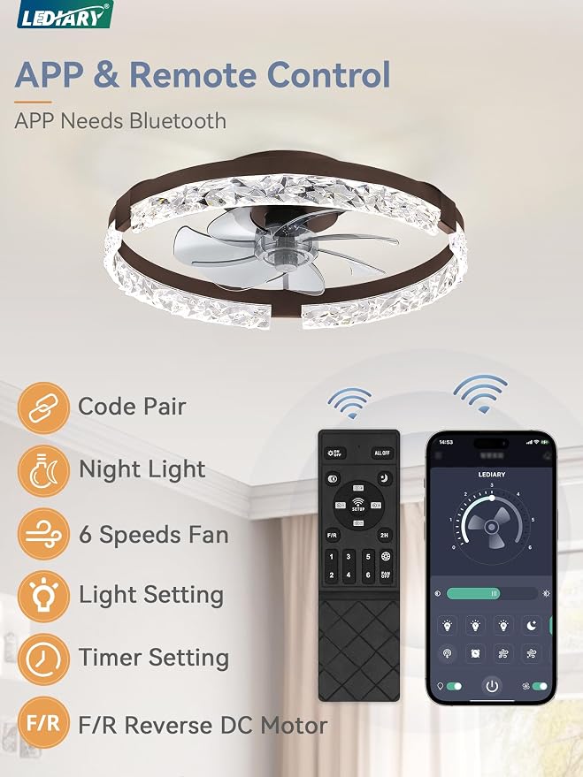 20 Inch Low Profile Ceiling Fans with Lights and Remote, Fandelier Ceiling Fan Flush Mount, 3000K-6000K Dimmable, alternate