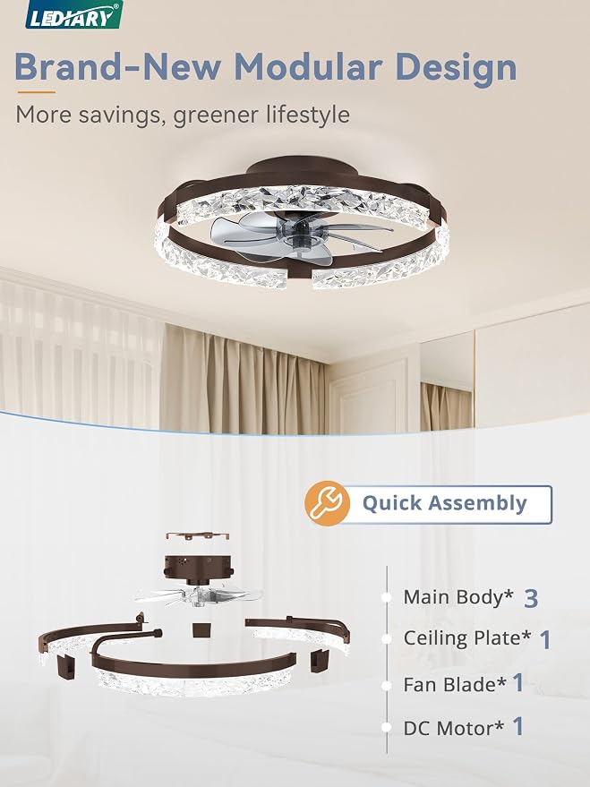 20 Inch Low Profile Ceiling Fans with Lights and Remote, Fandelier Ceiling Fan Flush Mount, 3000K-6000K Dimmable, alternate