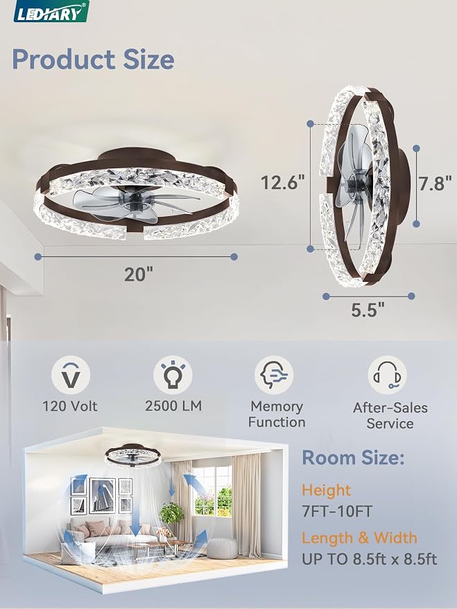 20 Inch Low Profile Ceiling Fans with Lights and Remote, Fandelier Ceiling Fan Flush Mount, 3000K-6000K Dimmable, alternate