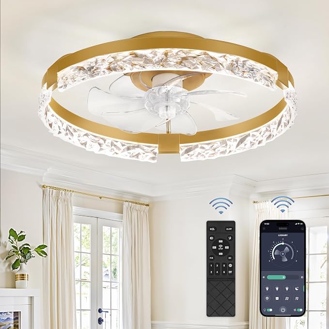 20 Inch Low Profile Ceiling Fans with Lights and Remote, Fandelier Ceiling Fan Flush Mount, 3000K-6000K Dimmable