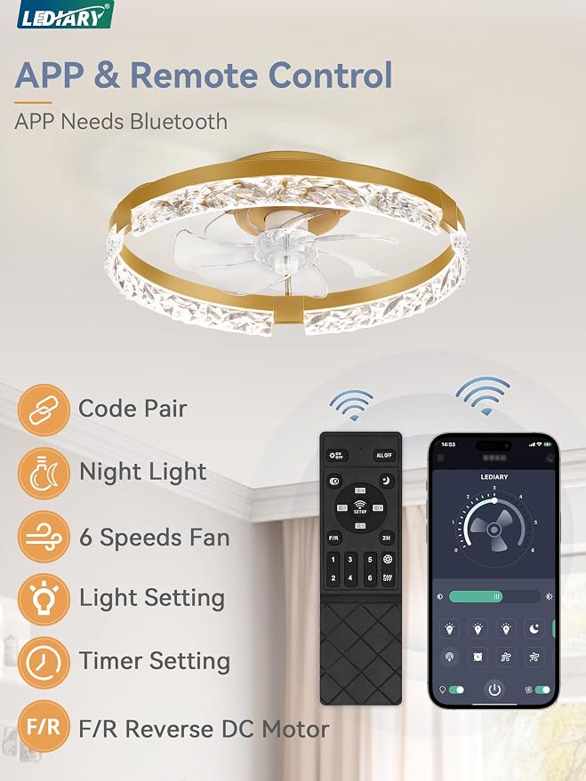 20 Inch Low Profile Ceiling Fans with Lights and Remote, Fandelier Ceiling Fan Flush Mount, 3000K-6000K Dimmable, alternate
