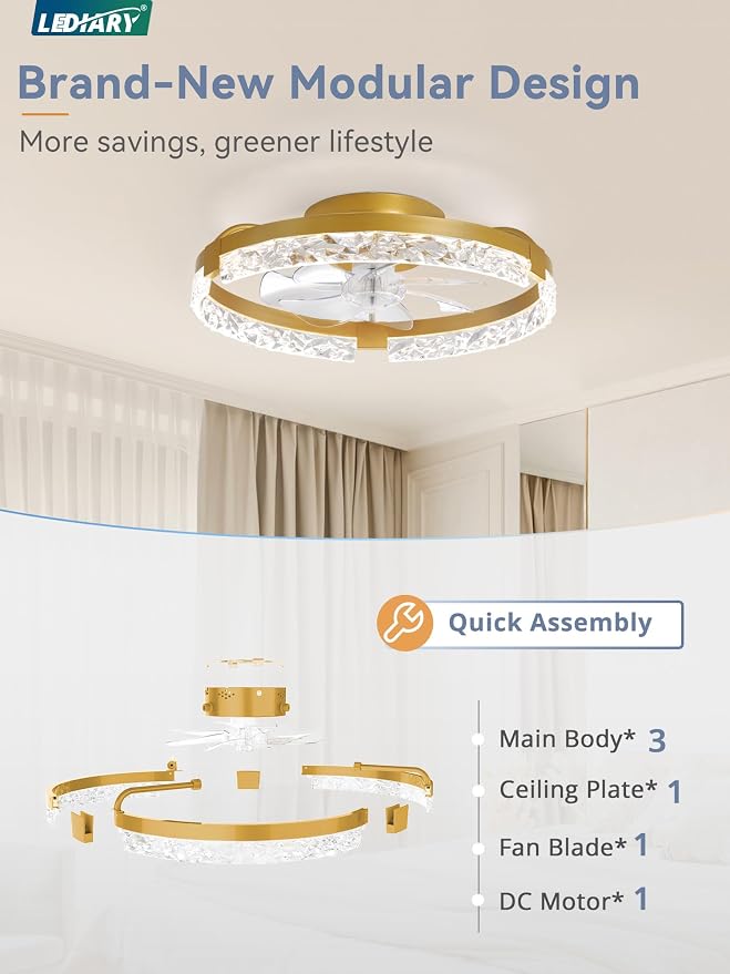 20 Inch Low Profile Ceiling Fans with Lights and Remote, Fandelier Ceiling Fan Flush Mount, 3000K-6000K Dimmable, alternate