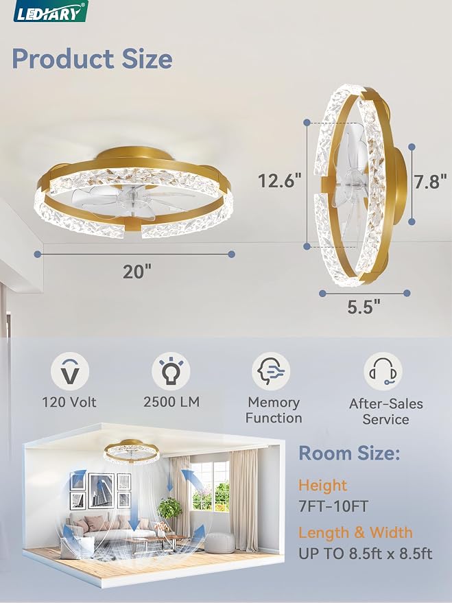 20 Inch Low Profile Ceiling Fans with Lights and Remote, Fandelier Ceiling Fan Flush Mount, 3000K-6000K Dimmable, alternate