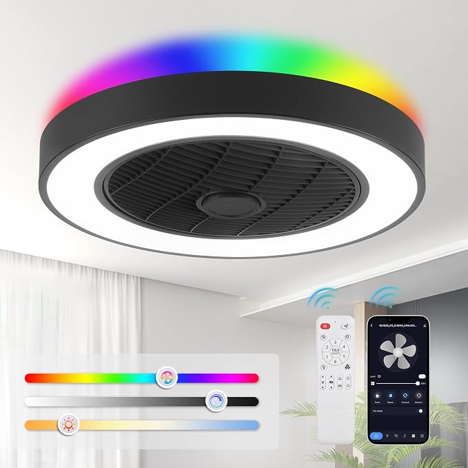 20 Inch Low Profile Ceiling Fans With Lights, Led Bladeless Ceiling Fan, Remote Control Enclosed Flush Mount Ceiling Fan With