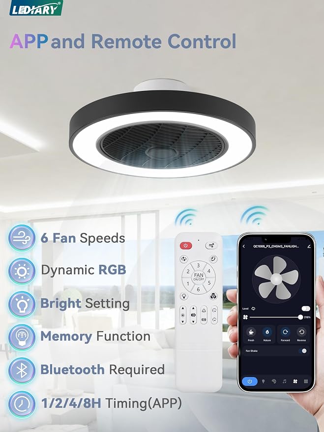 20 Inch Low Profile Ceiling Fans With Lights, Led Bladeless Ceiling Fan, Remote Control Enclosed Flush Mount Ceiling Fan With