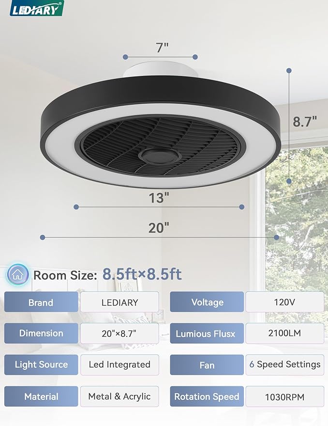 20 Inch Low Profile Ceiling Fans With Lights, Led Bladeless Ceiling Fan, Remote Control Enclosed Flush Mount Ceiling Fan With