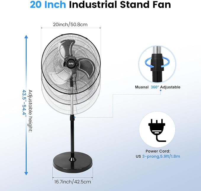 20 Inch Metal Oscillating Standing Fan, Max 3600 CFM High Velocity Heavy Duty Industrial Stand Fan with 3 Speed &