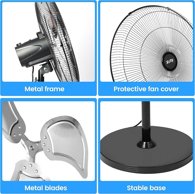 20 Inch Metal Oscillating Standing Fan, Max 3600 CFM High Velocity Heavy Duty Industrial Stand Fan with 3 Speed &