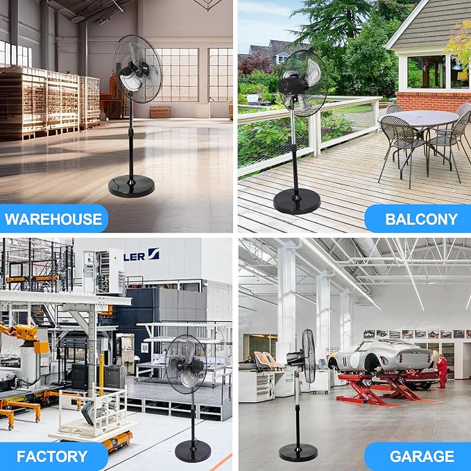 20 Inch Metal Oscillating Standing Fan, Max 3600 CFM High Velocity Heavy Duty Industrial Stand Fan with 3 Speed &
