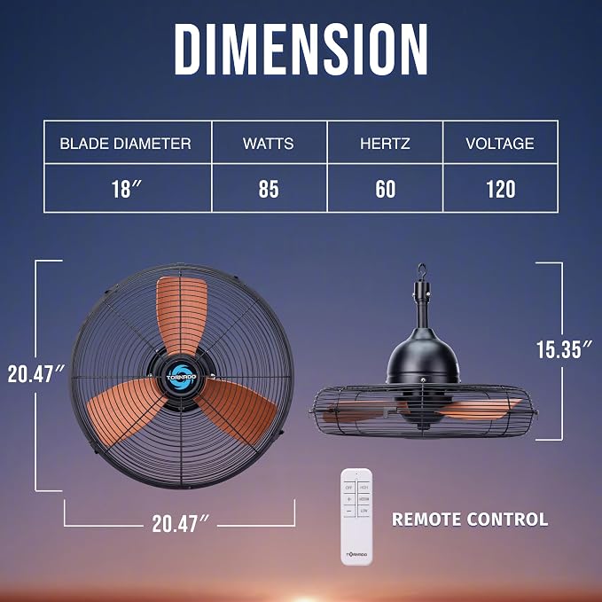 20-Inch Outdoor Downrod Mount Ceiling Fan, IPX4 Water-Resistant with Remote Control, 3-Speed Settings, 3300 CFM Airflow