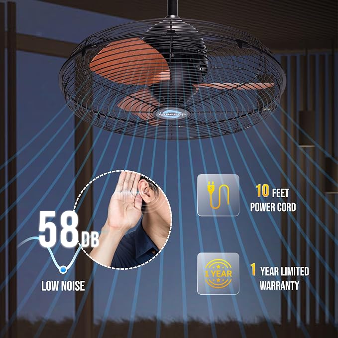 20-Inch Outdoor Downrod Mount Ceiling Fan, IPX4 Water-Resistant with Remote Control, 3-Speed Settings, 3300 CFM Airflow