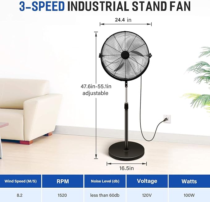 20 Inch Pedestal Standing Fan, High Velocity, Heavy Duty Metal For Industrial, Commercial, Residential, Greenhouse Use